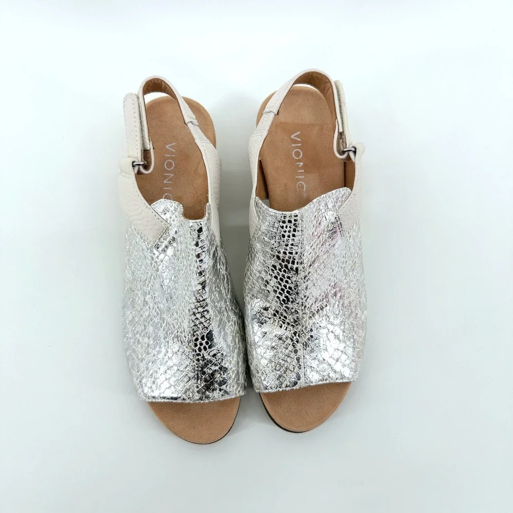 Vionic Tatiana Wedge Sandals Snake Print 7.5 Silver Womens Comfort Slingback
